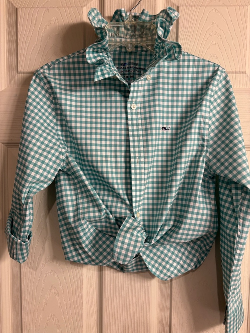 GIRLS Vineyard Vines Green/White Gingham Ruffle Collar Shirt